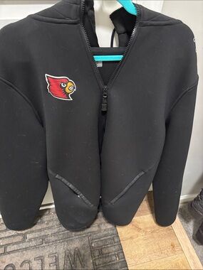 TYR Black Hooded Puffer Jacket with Red Cardinal Patch Louisville